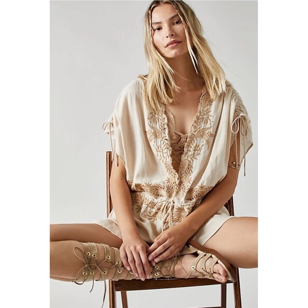 NWT Free People Weila Cream Embroider Romper Boho Festival Cottagecore Romantic